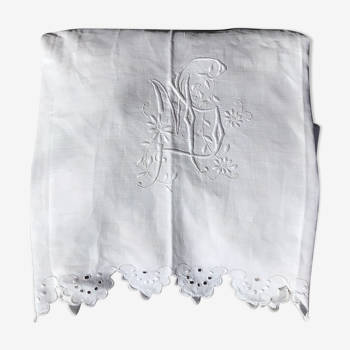 Old embroidered linen sheet MS scalloped edge hand