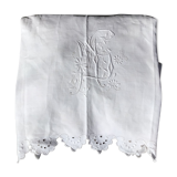 Old embroidered linen sheet MS scalloped edge hand