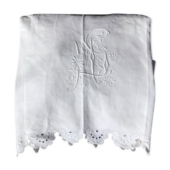 Old embroidered linen sheet MS scalloped edge hand
