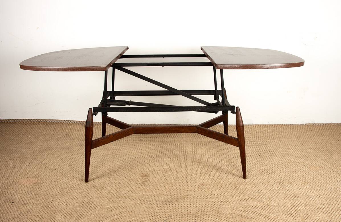 Danish high and low table in teak and brown lacquered wood, Smørrebrø model