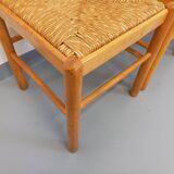 Set of 4 vintage brutalist chairs in light wood and straw from the 70s