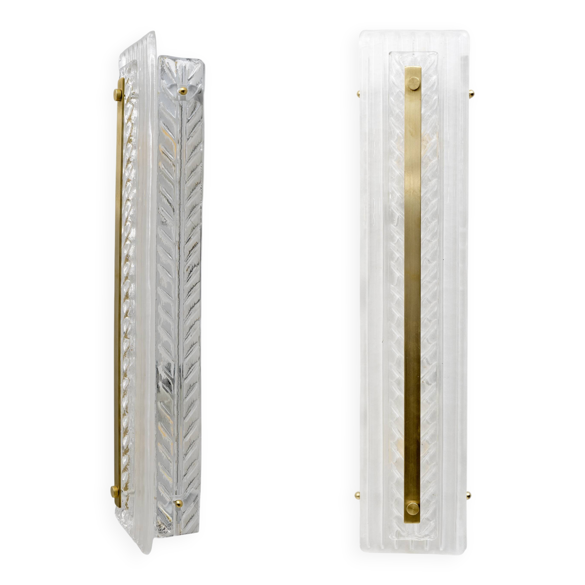 Pair of Art Deco Style Brass and Textured Murano Glass Sconces