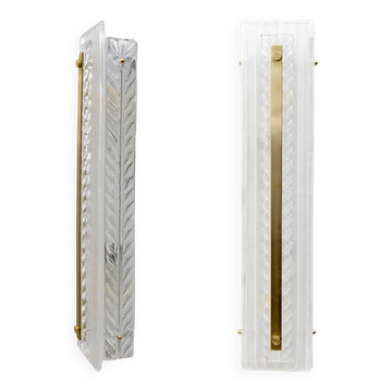 Pair of Art Deco Style Brass and Textured Murano Glass Sconces