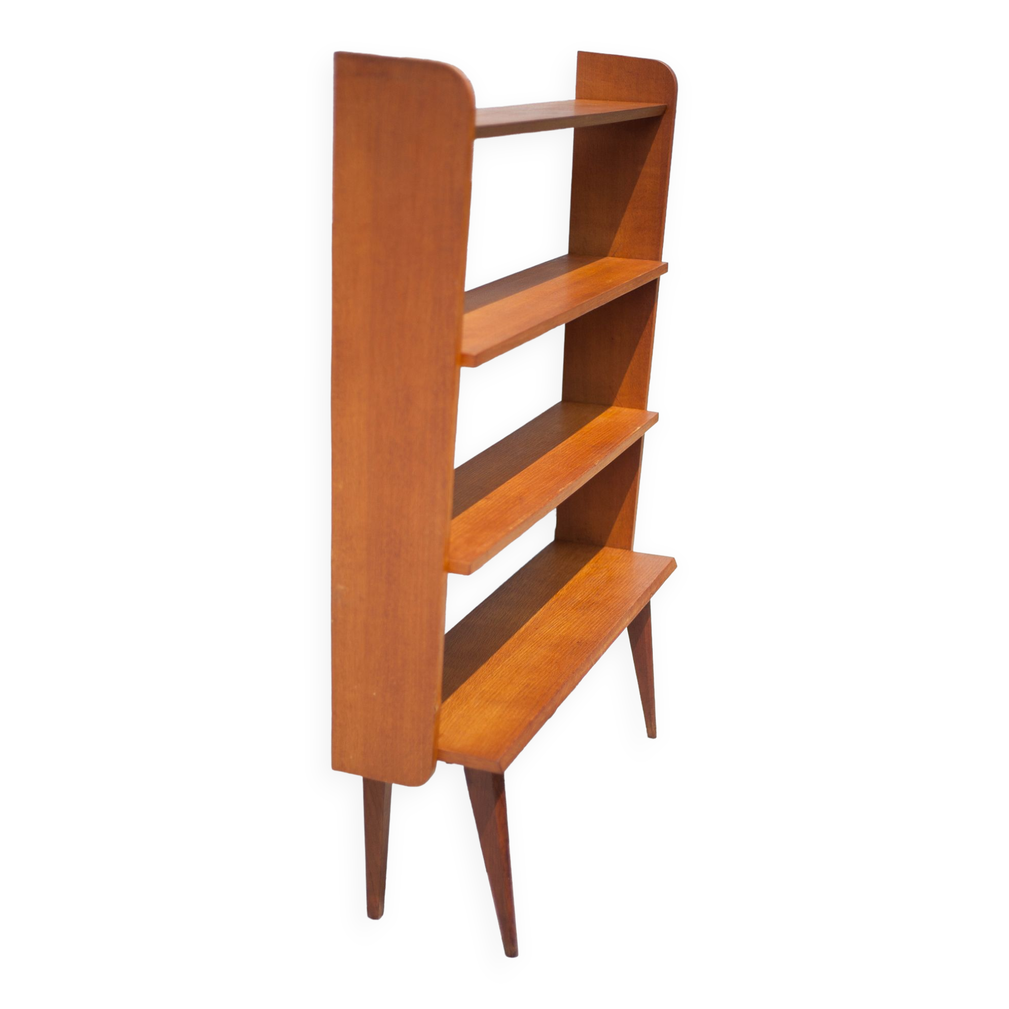 Wood bookcase shelf, wooden shelf on compass legs, storage unit, decoration