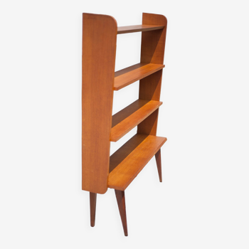 Wood bookcase shelf, wooden shelf on compass legs, storage unit, decoration