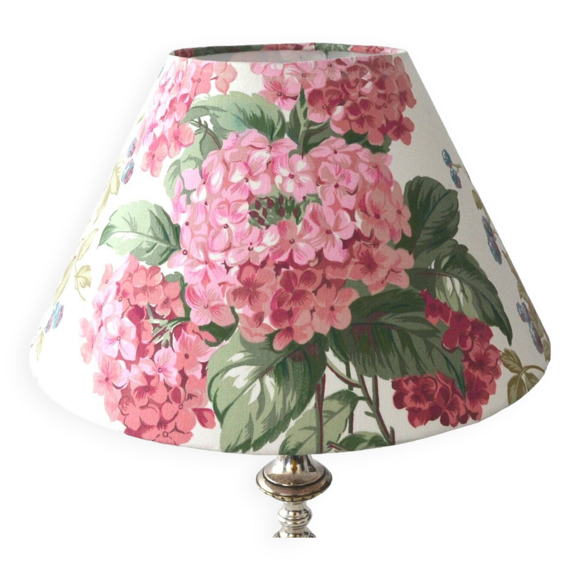 Abat-jour motif hortensias, fleurs cottage anglais,  tissu vintage
