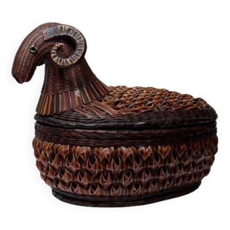 Boîte bélier en bambou tressé/rotin vintage Shanghai Handicrafts Chine années 70
