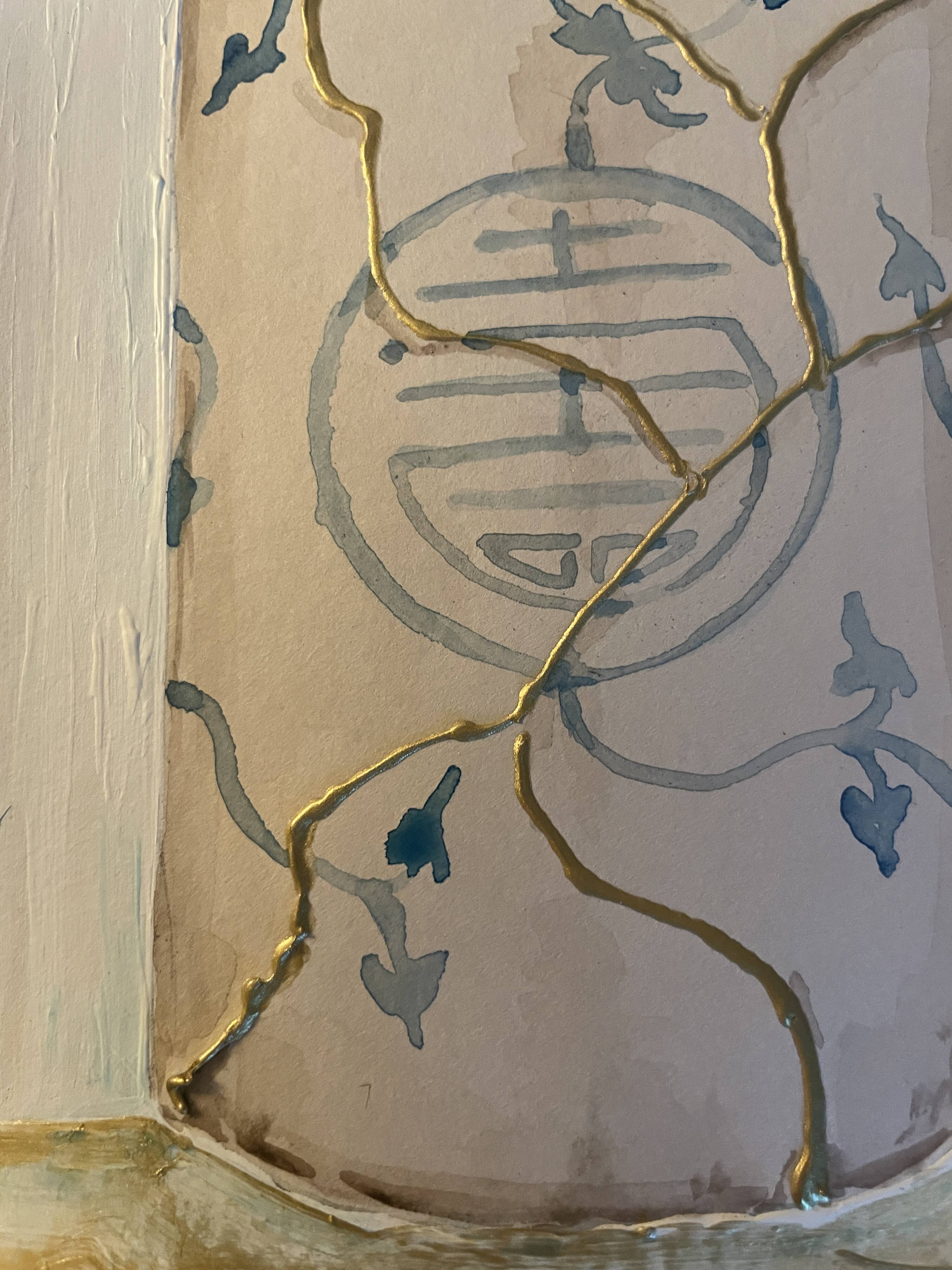 Painting signed “Japanese Kintsugi vase” mixed media + iridescent gold