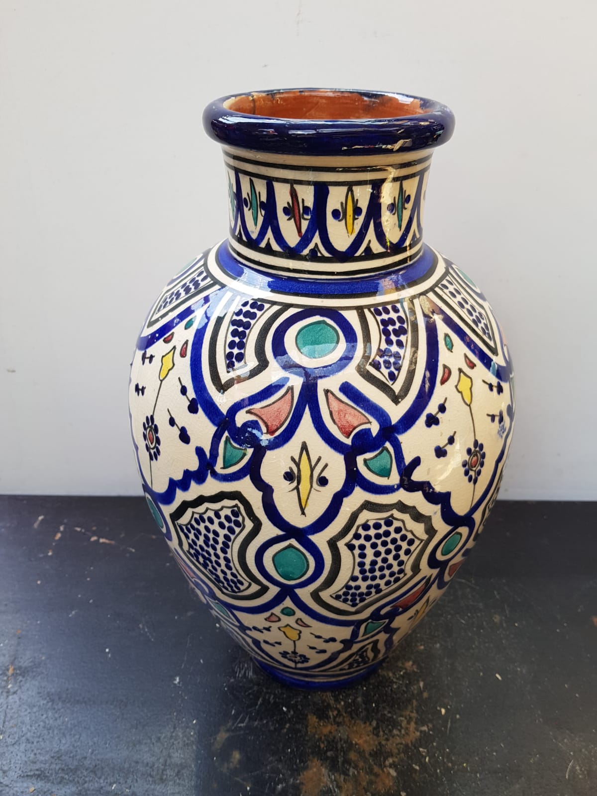 Old terracotta vase enameled painting vintage oriental style