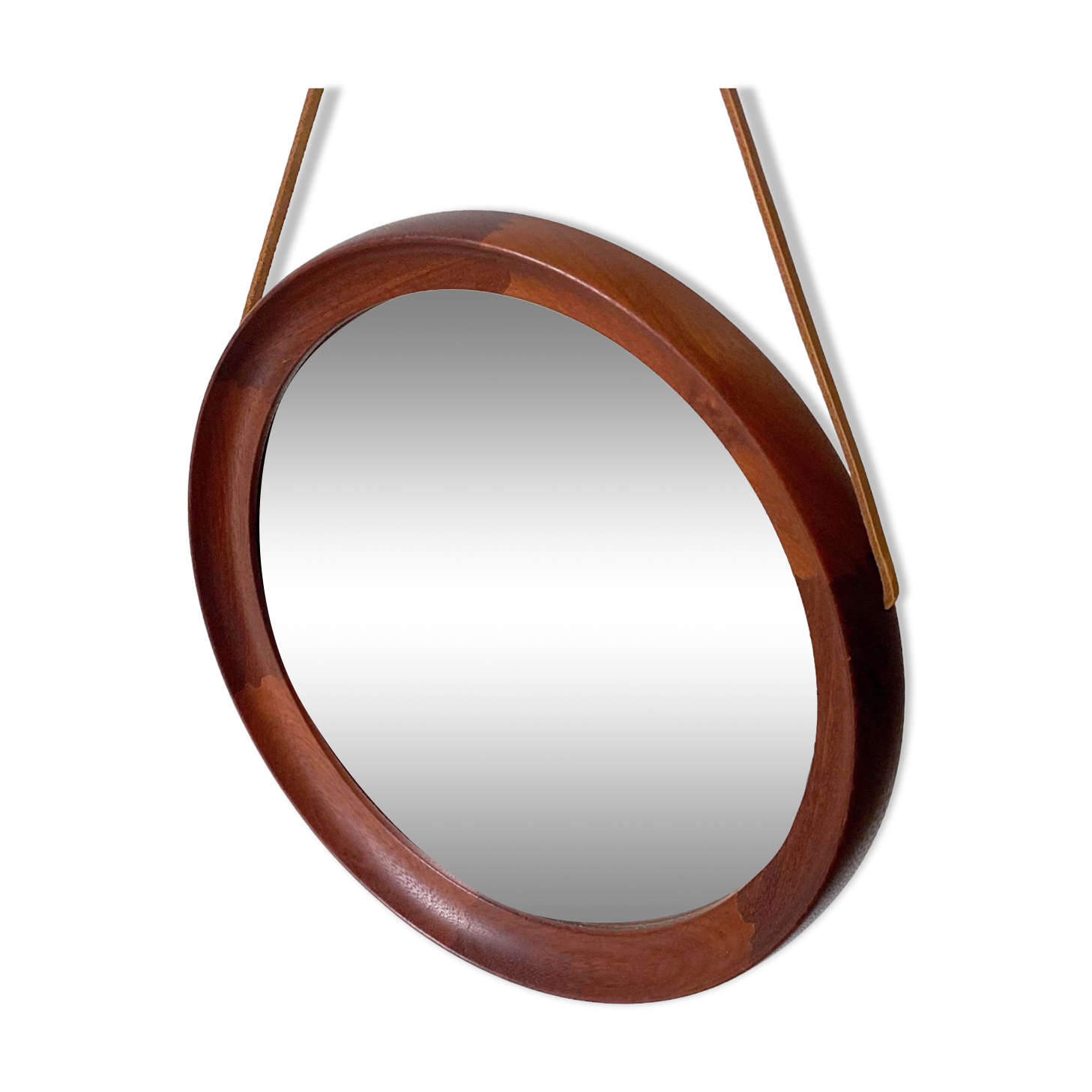 Mid Century solid teak wall mirror with a leather strap - Danish design