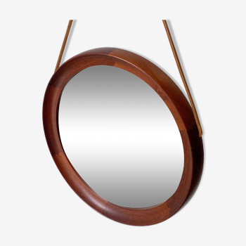 Mid Century solid teak wall mirror with a leather strap - Danish design