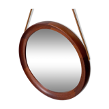 Mid Century solid teak wall mirror with a leather strap - Danish design