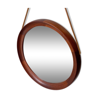 Mid Century solid teak wall mirror with a leather strap - Danish design
