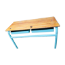 Old wooden school desk with ink support, built-in seats