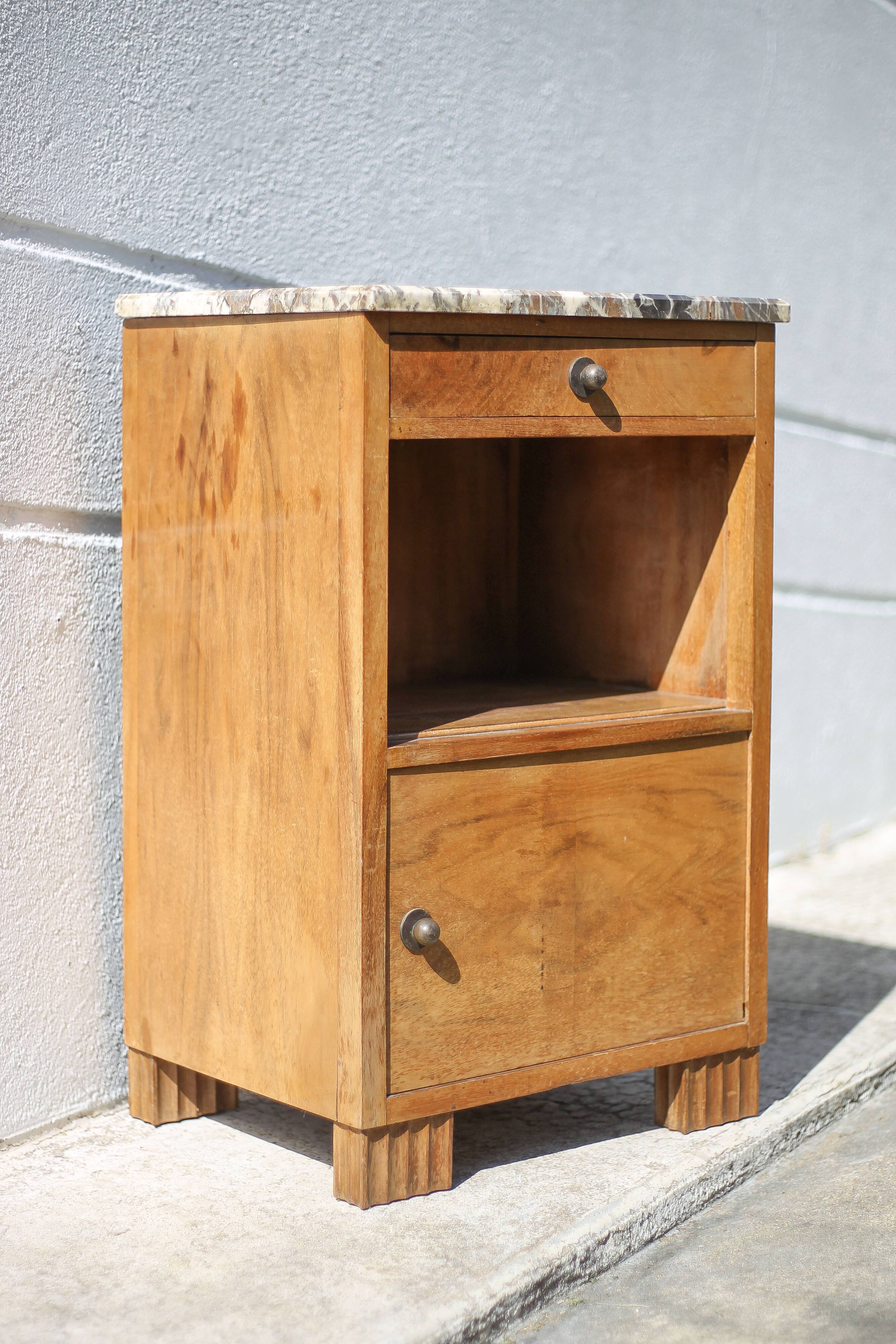 Art deco bedside table, art deco wooden bedside table with marble slab