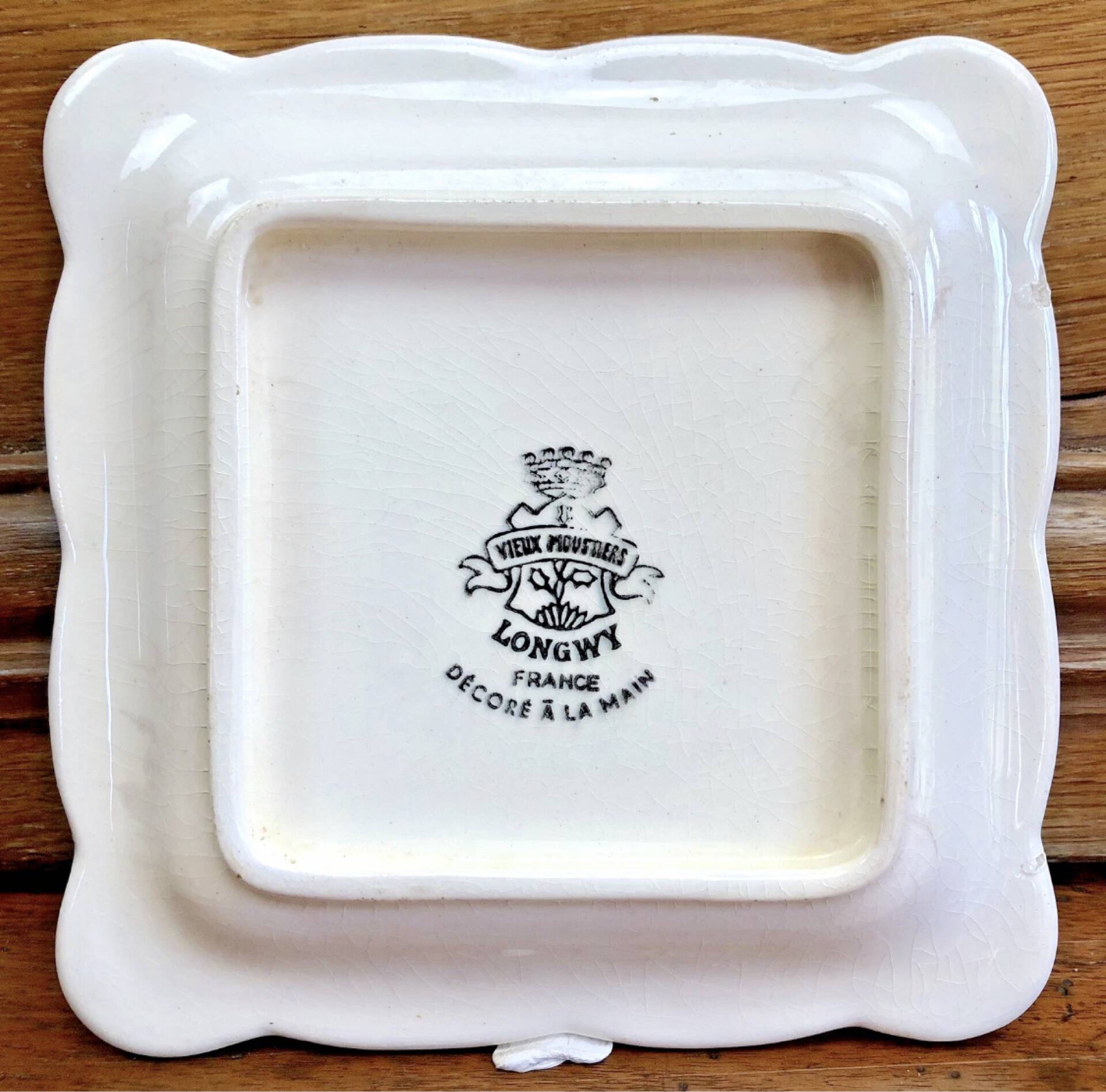 9 old square plates for cake, dessert, and aperitif from Longwy Moustier.