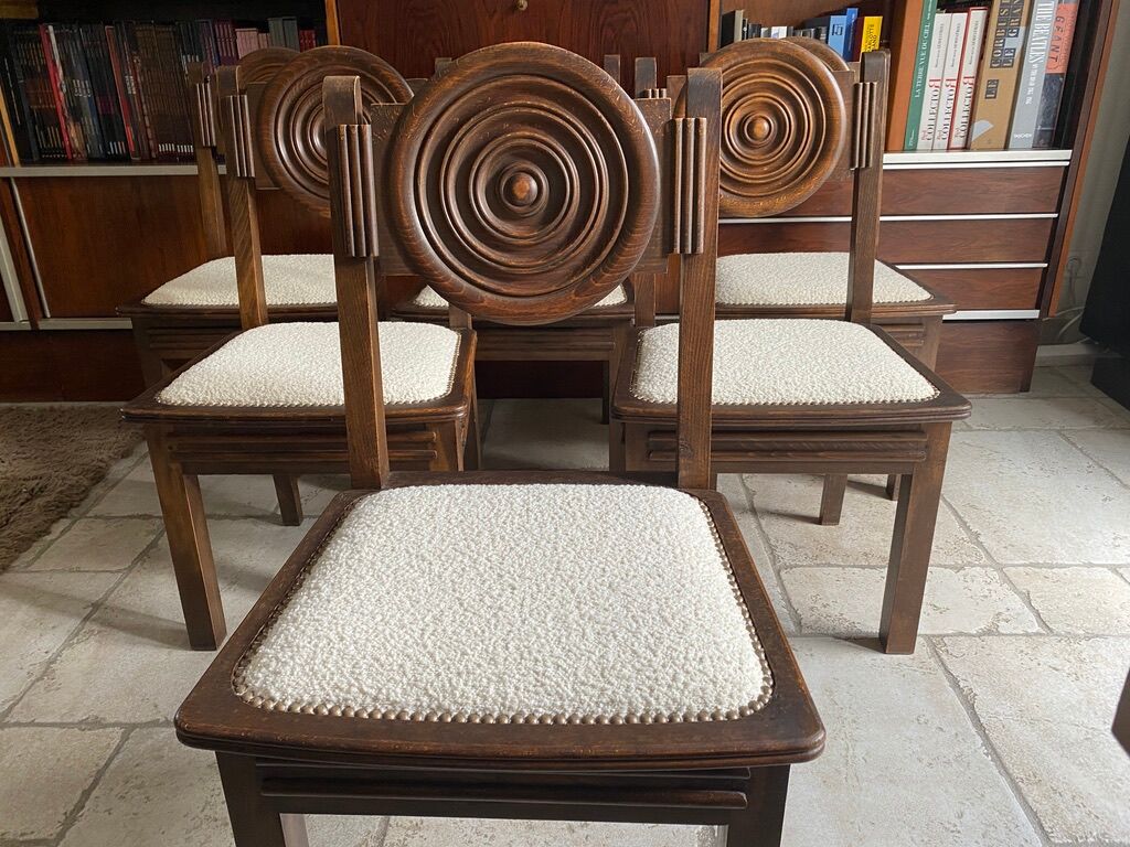 Etienne Kohlmann Art Déco chairs in oak and bouclette fabric, 1930, set of 6