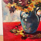 Bouquet of flowers on a red tablecloth, knife on a board, signed Renzo.