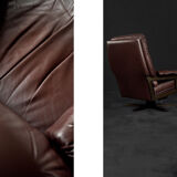 Vintage Mid-Century Scandinavian Modern Brown Leather Executive Swivel Chair & Ottoman, 1970s