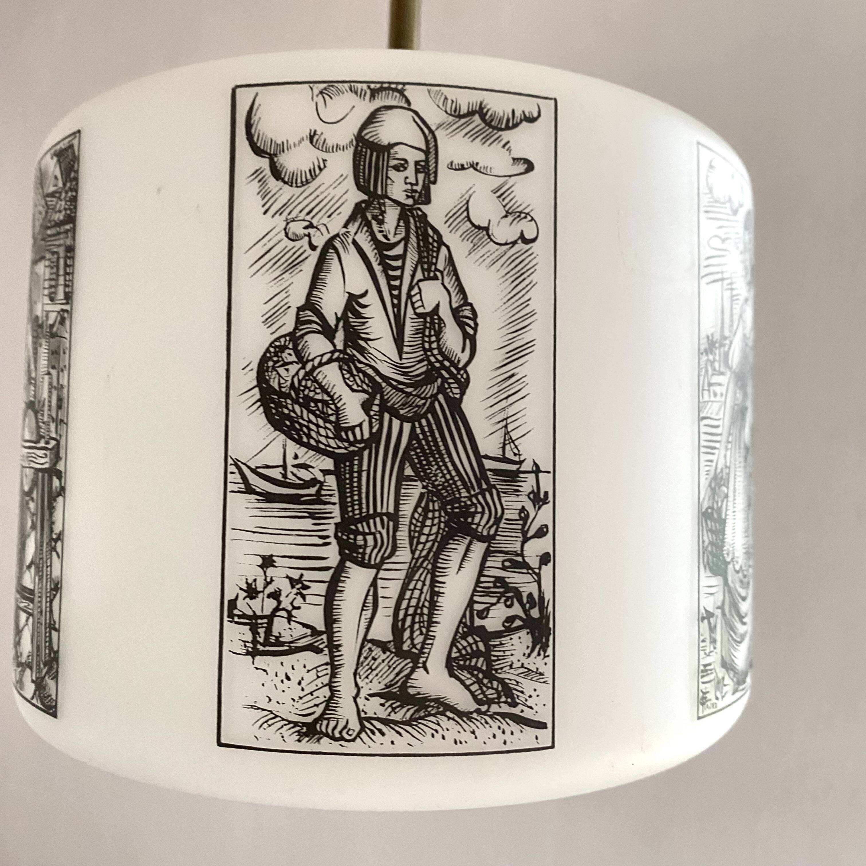 50s-60s pendant light in black and white opaline glass