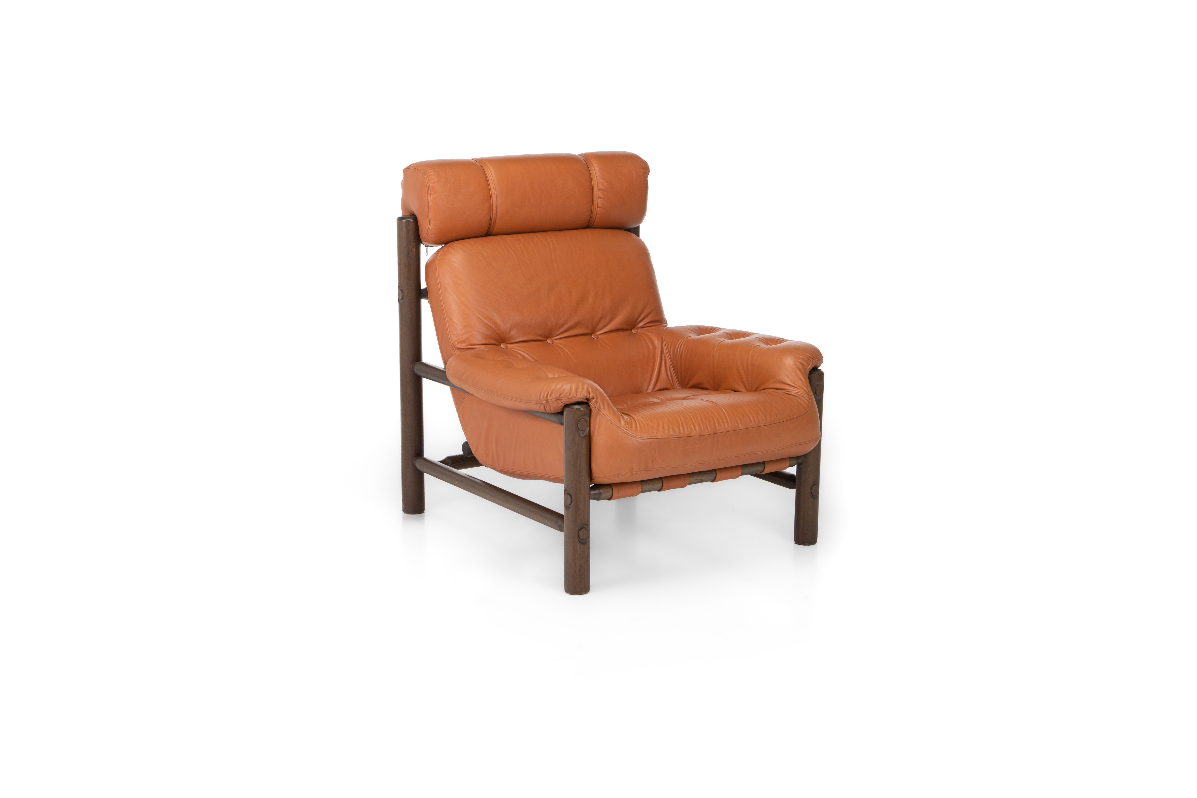 Brutalist Lounge Chair and Ottoman in Cognac Leather , 1970s