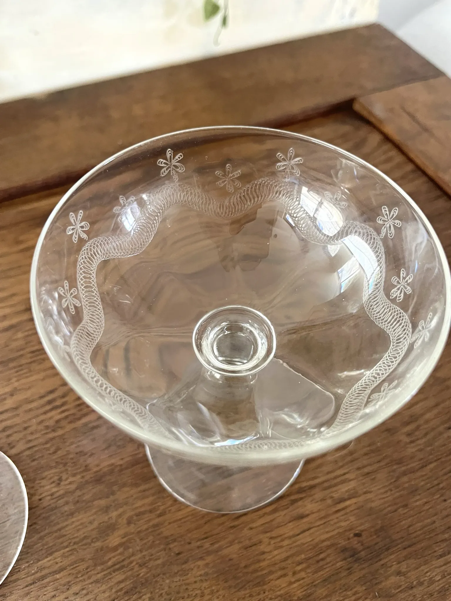 Champagne glasses coupe glasses set of 2 etched floral design crystal