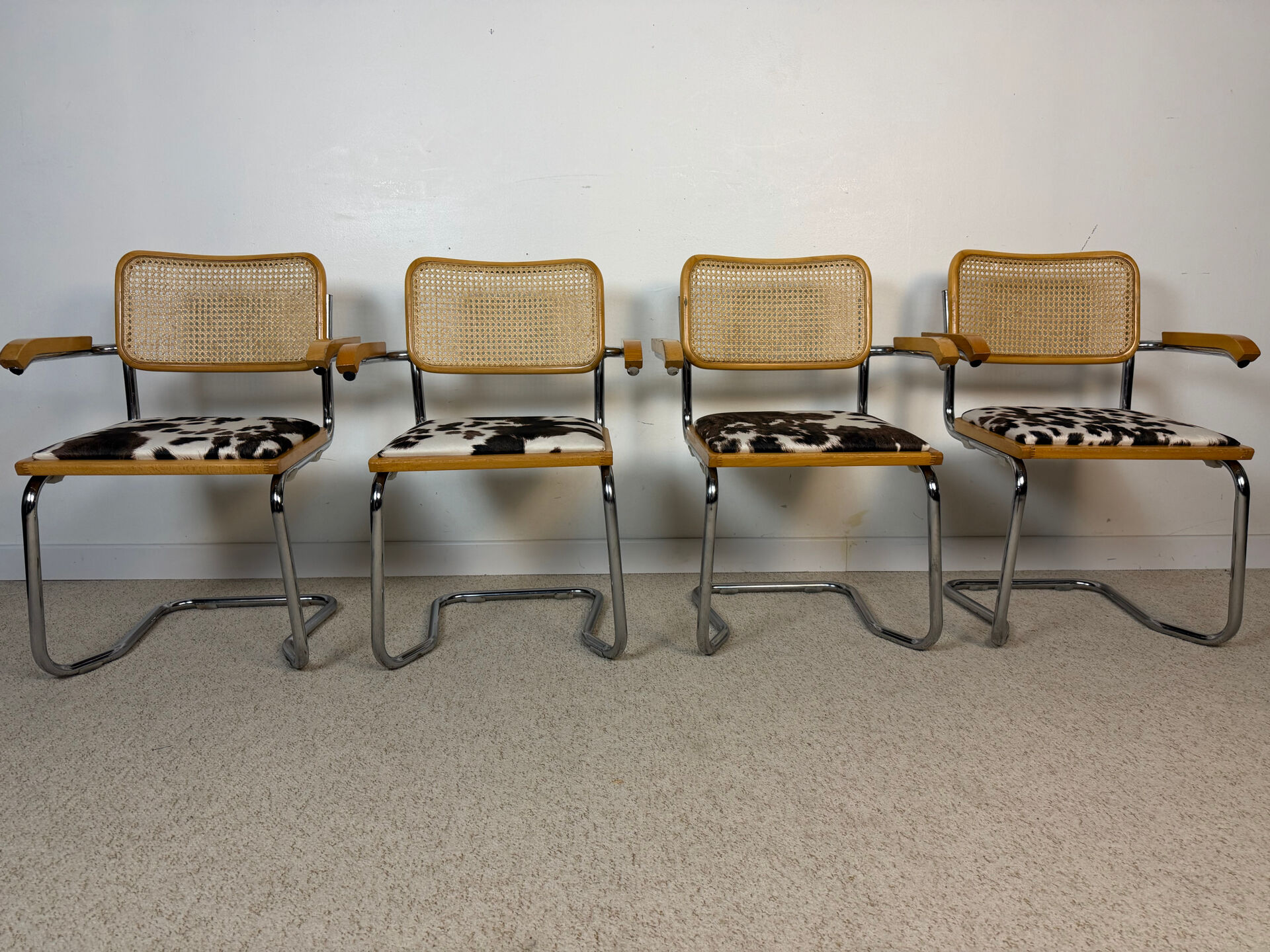 4 fauteuils cannés chrome et bois années 70