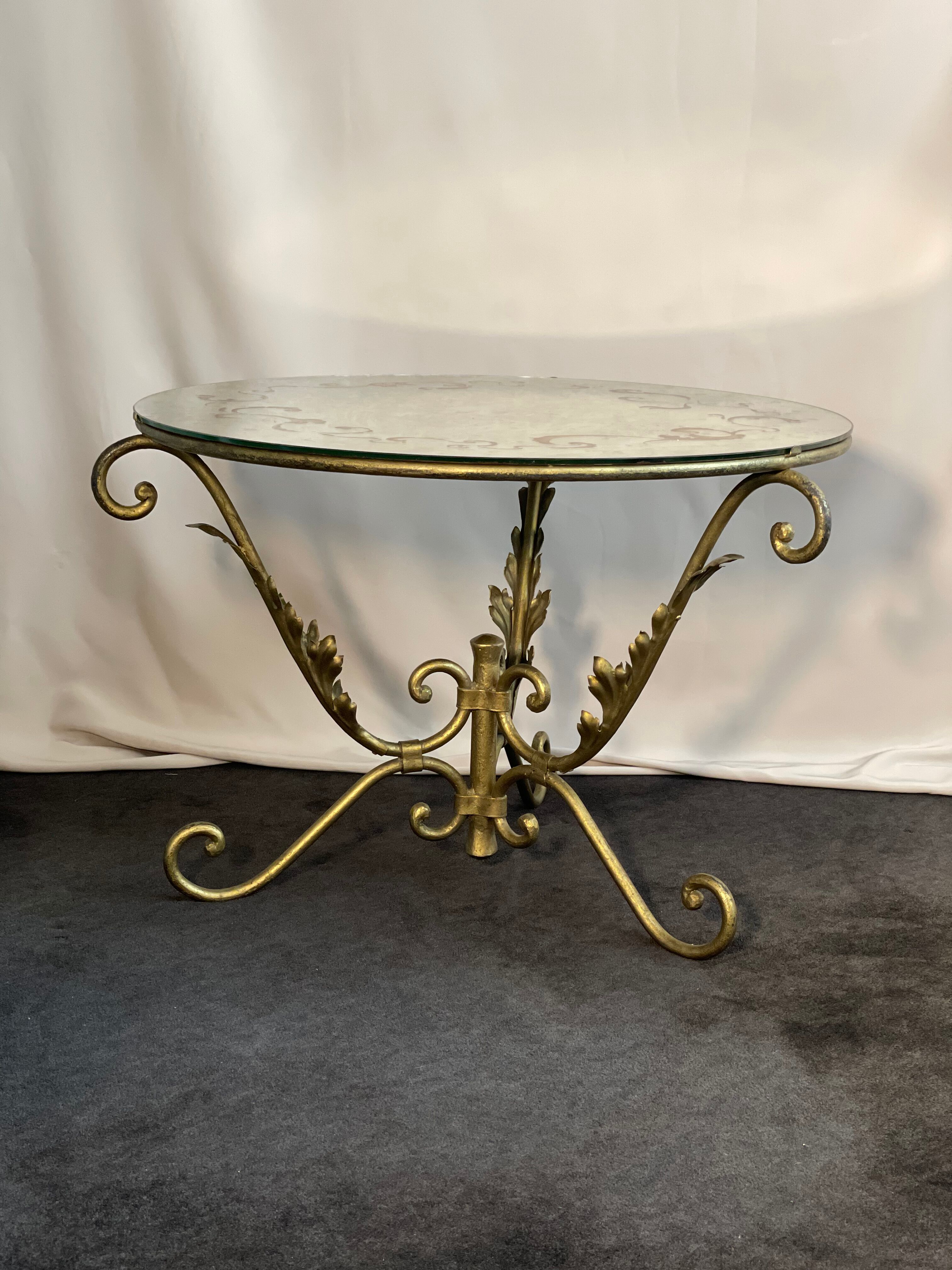 Round coffee table base in gilded wrought iron beautiful top enamelled glass 50s