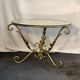 Round coffee table base in gilded wrought iron beautiful top enamelled glass 50s