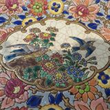 Plat à cake émaux de longwy style art deco décor oiseaux fond bleu clair