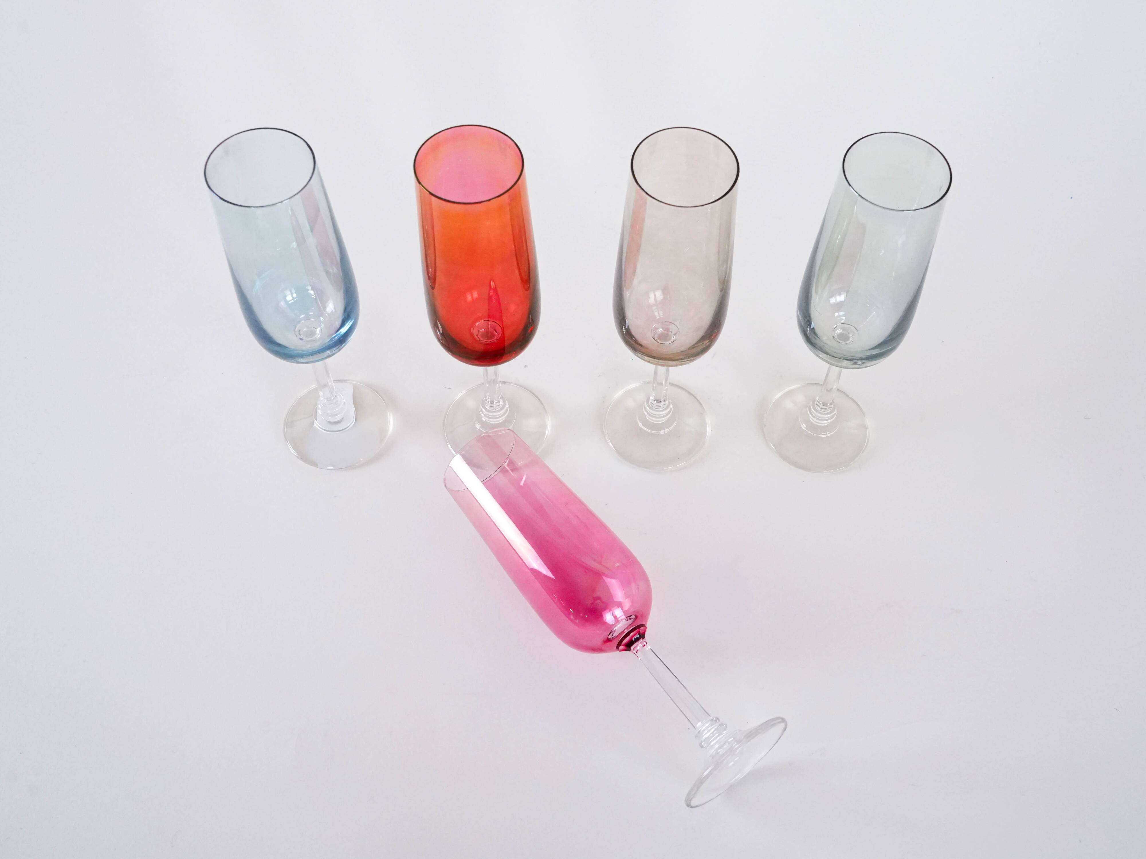 Set of coloured wine glasses, 1960s, made in Czechoslovakia