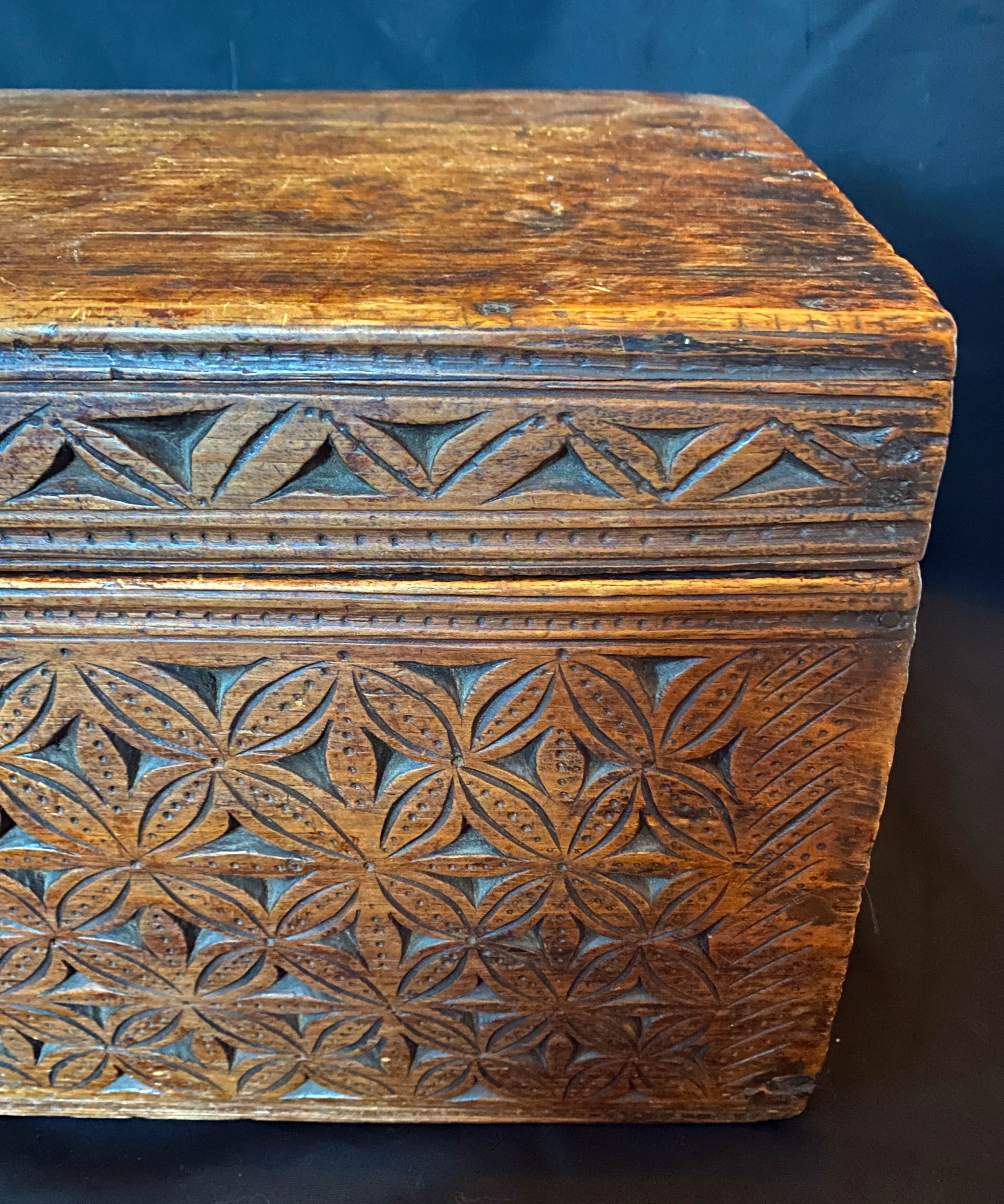 Old wooden chest with carved rosettes regionalism folk art