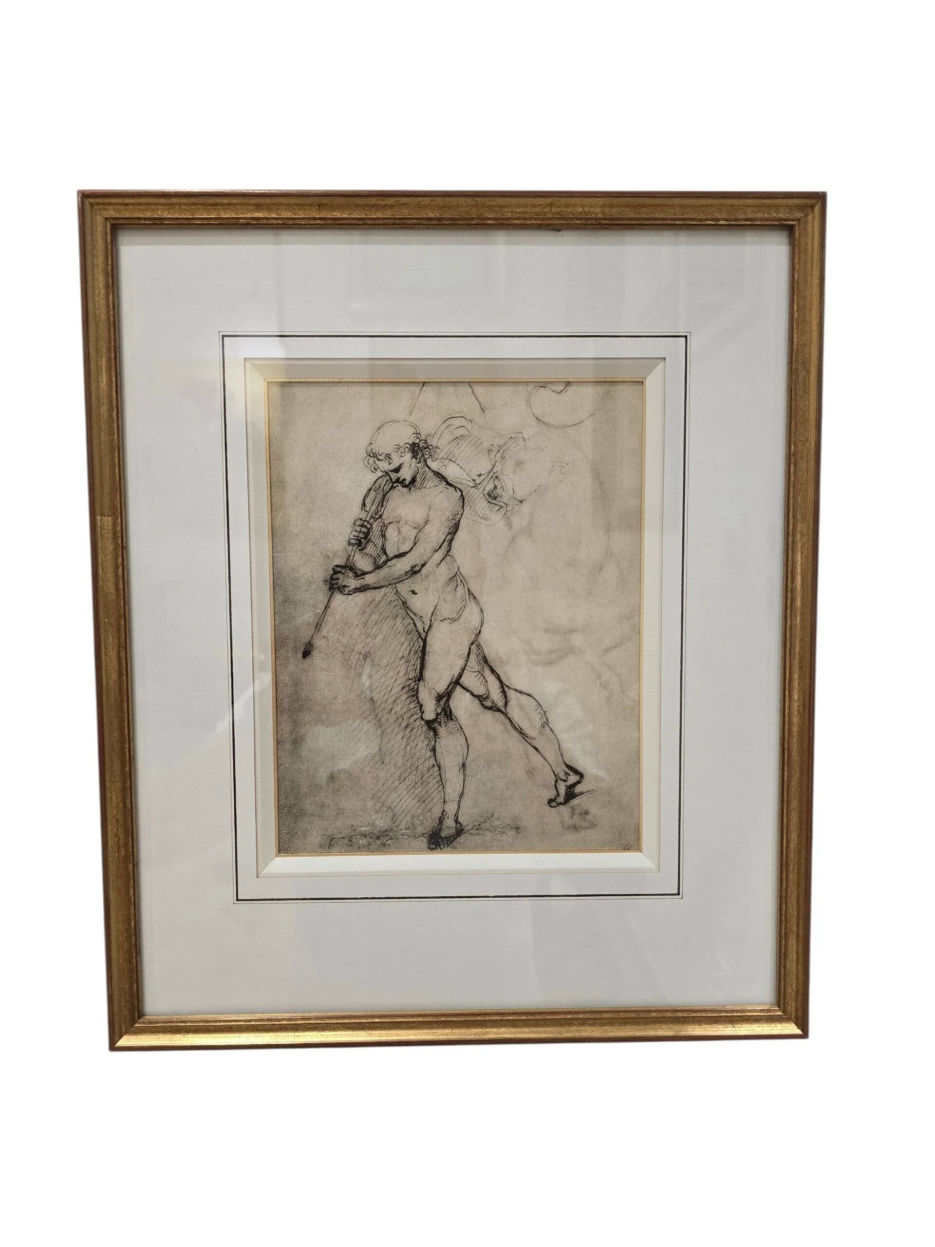 Framed drawing after an old master – Man pulling an animal