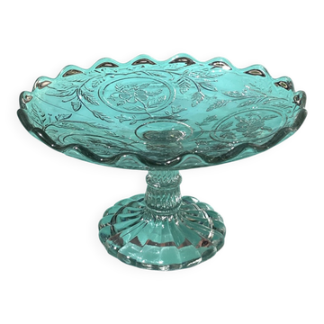 Coupe sur pied ou compotier en verre presse moule a decor floral deco table