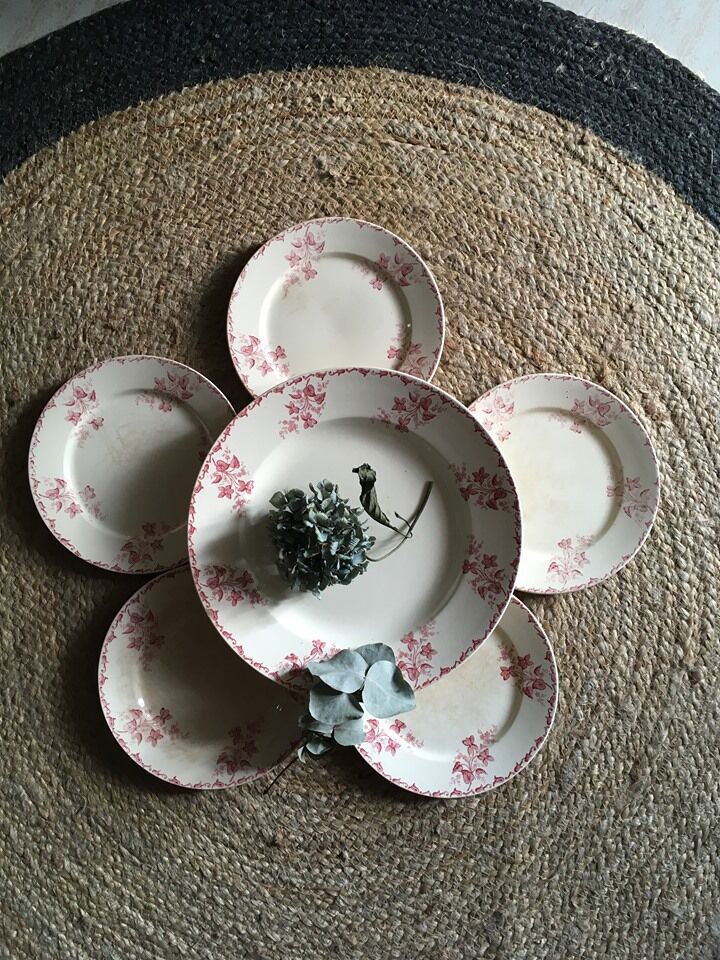 Five plates dessert and serving dish Digoin Sarreguemines model "Margot"