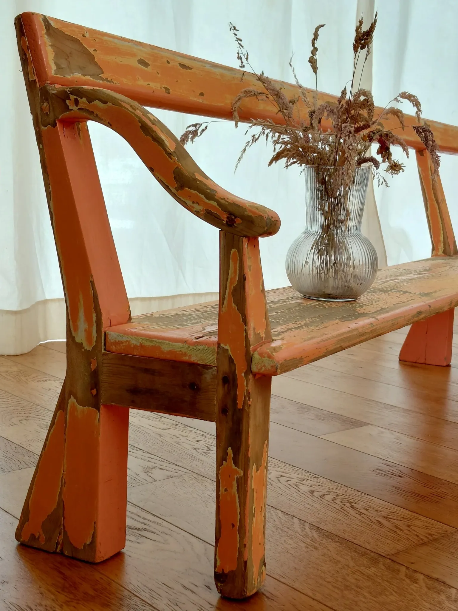 Large antique church bench 268 cm - Unique piece with flaking patina