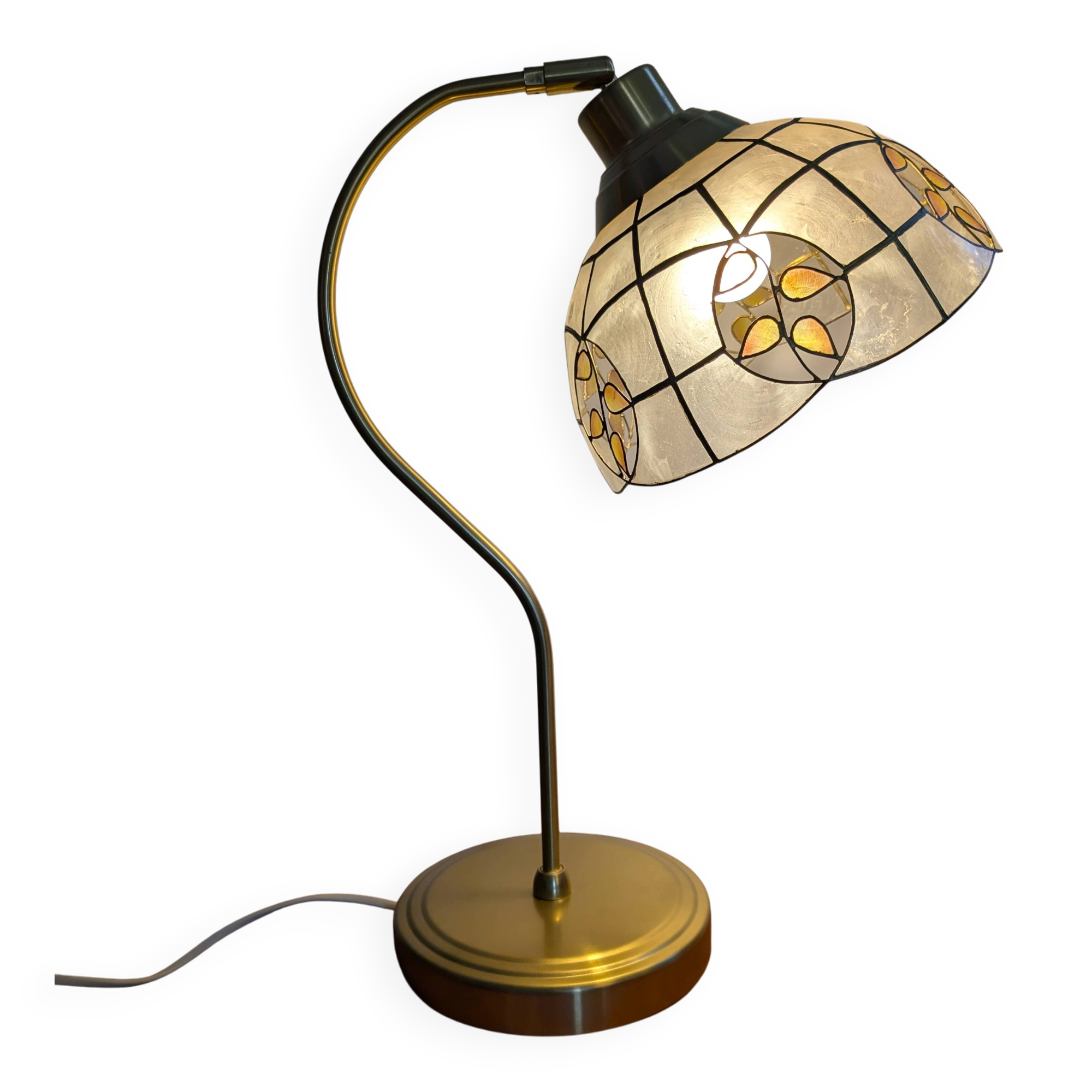 Swan neck lamp. Brass lampshade with mother-of-pearl leaf patterns.