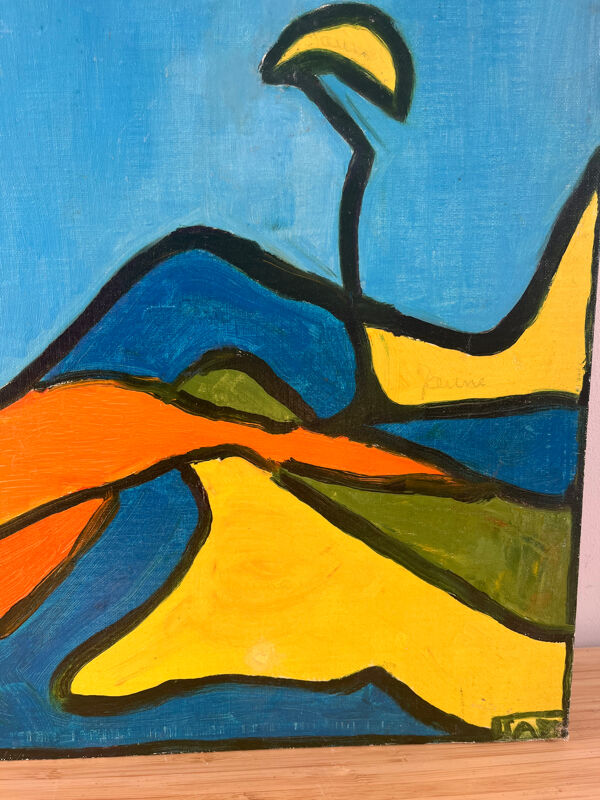 Abstrait femme allongée, huile sur carton signée