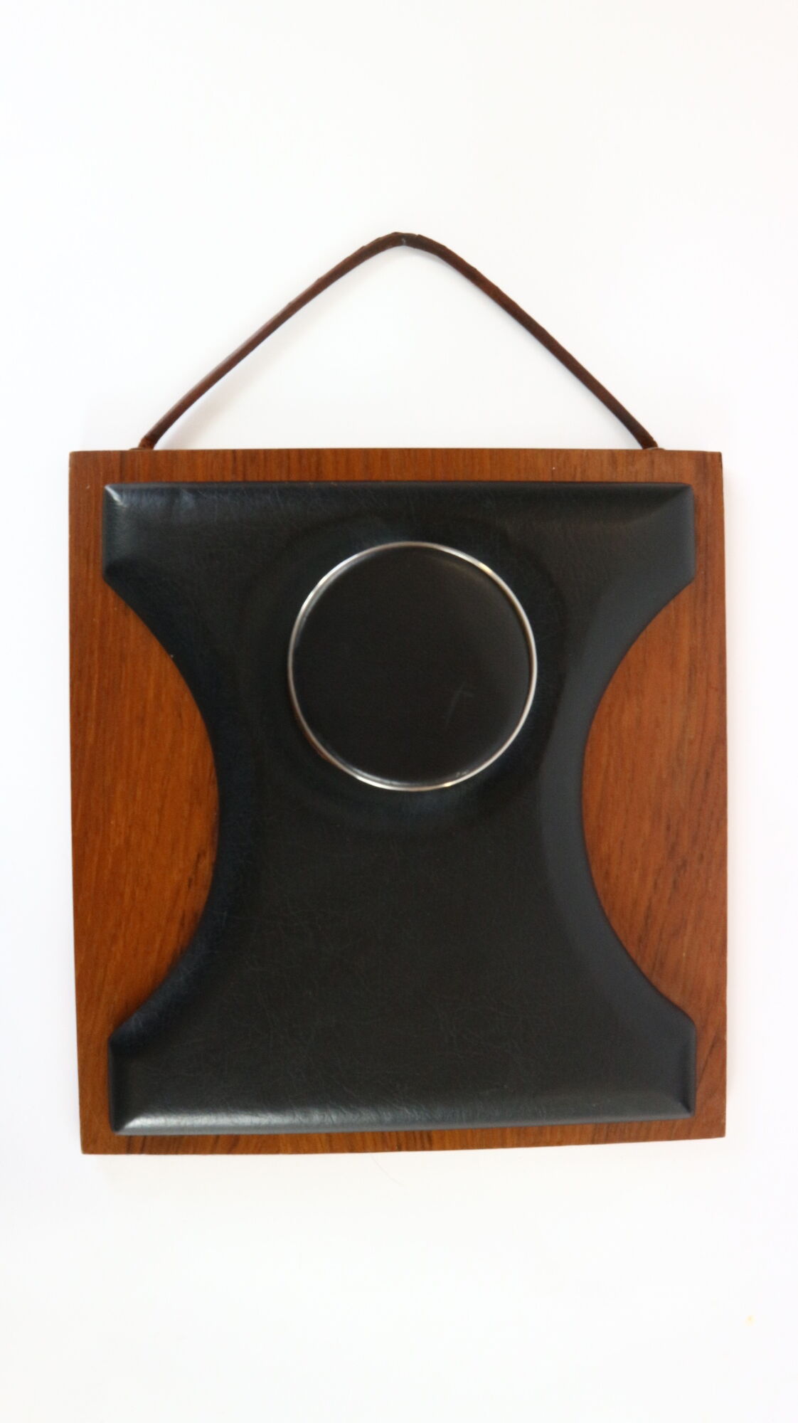 Two coat hangers, wood, leather and black leather, 70s