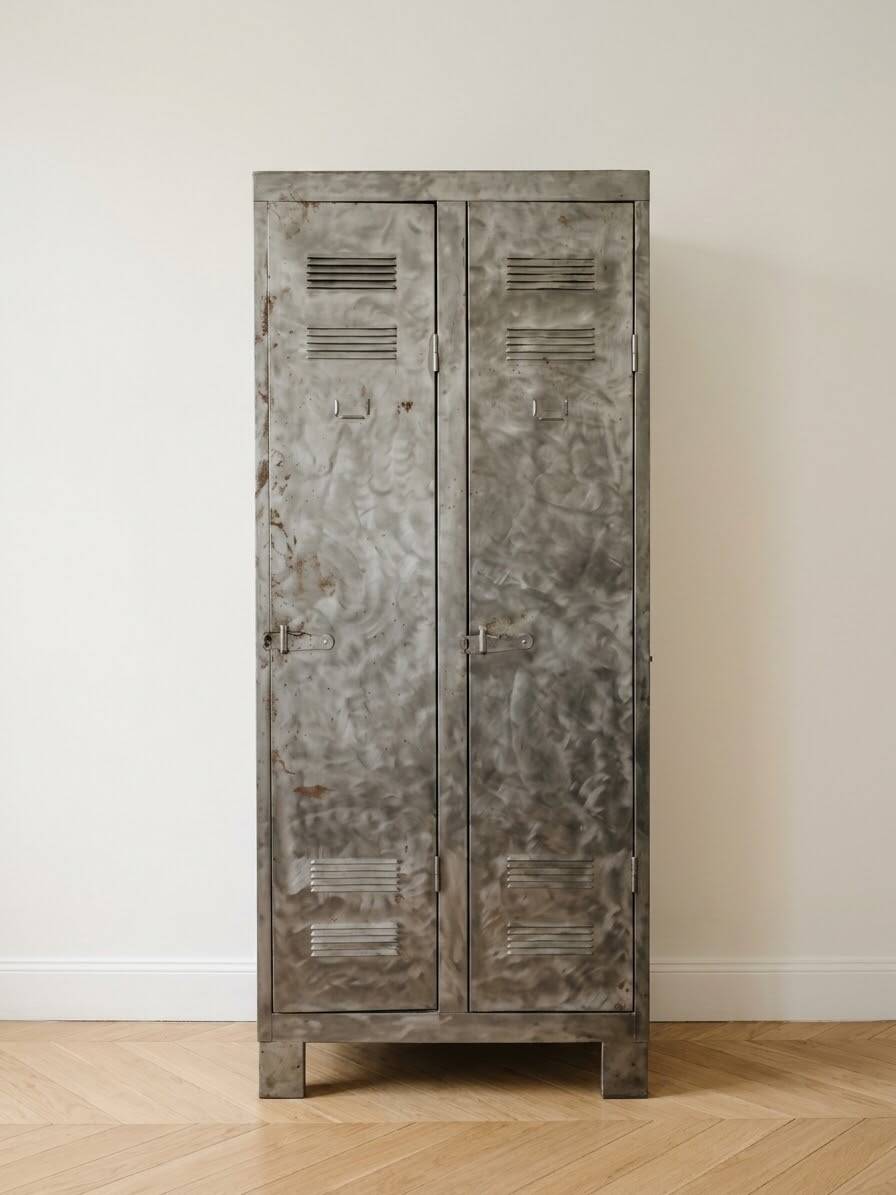 Patinated metal industrial-style locker cabinet