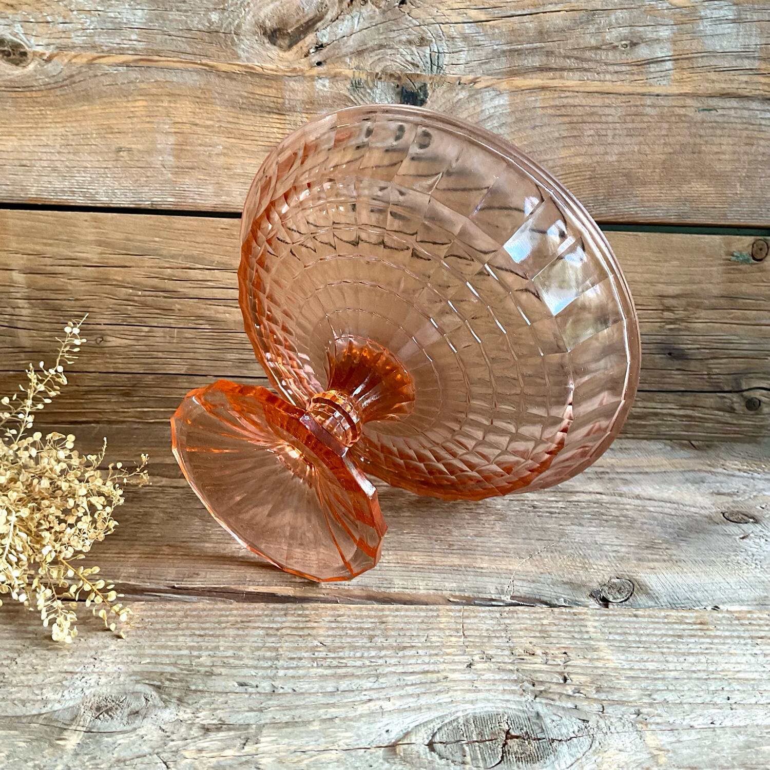 Pink glass cup, fruit bowl