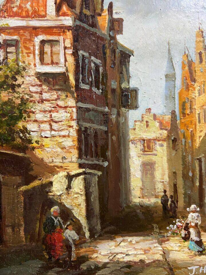 Oil painting on panel German school busy street Germany J. Hausman