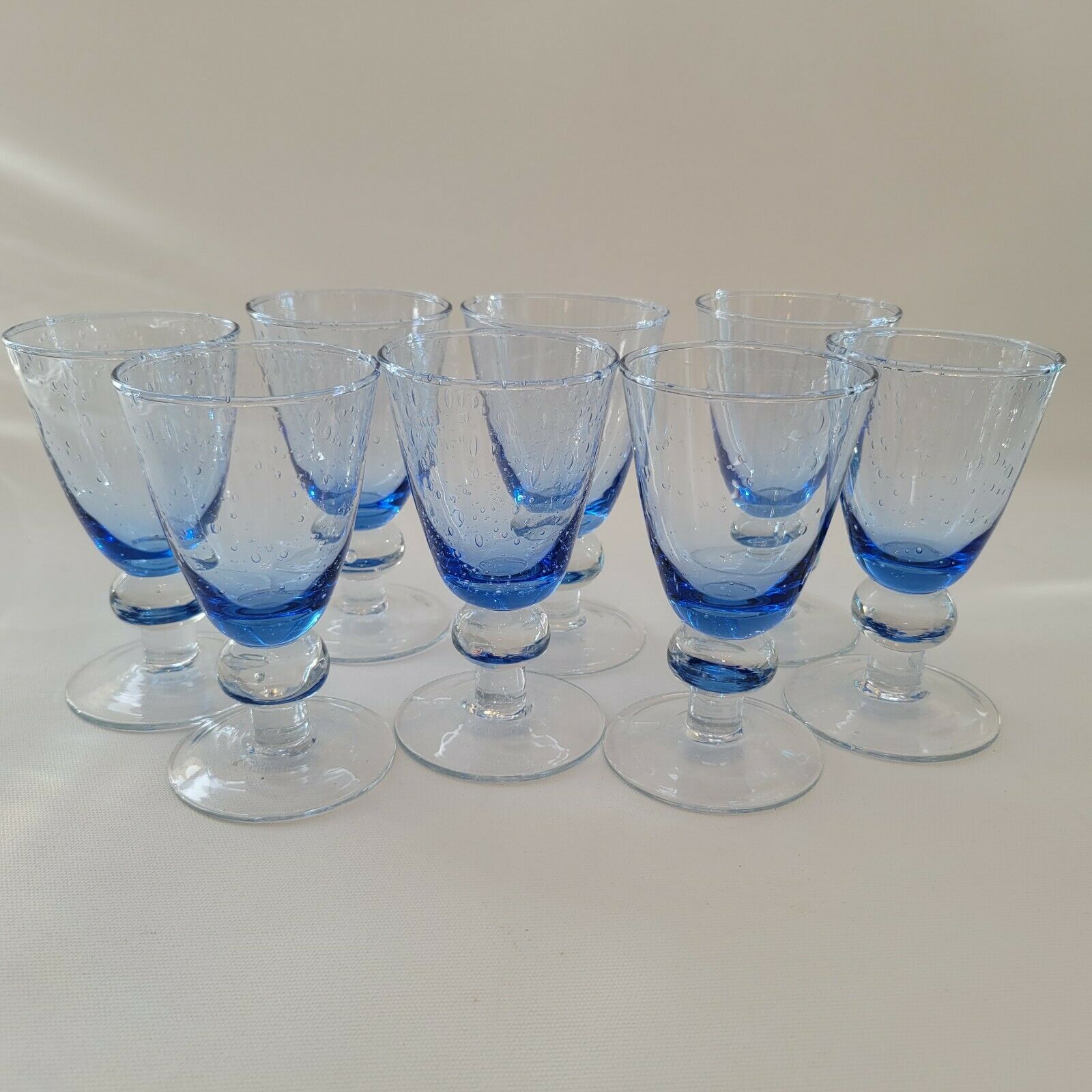 8 vintage blue bubble blown glass walking glasses