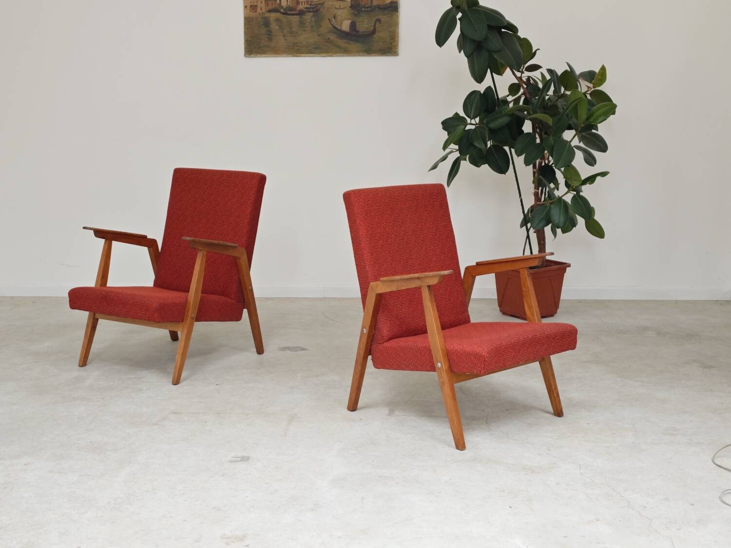 Pair of Uluv red Eastern Bloc armchairs, 1960s