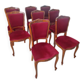 superbe ensemble de (8/10)chaises Louis XV merisier massif velours bordeaux