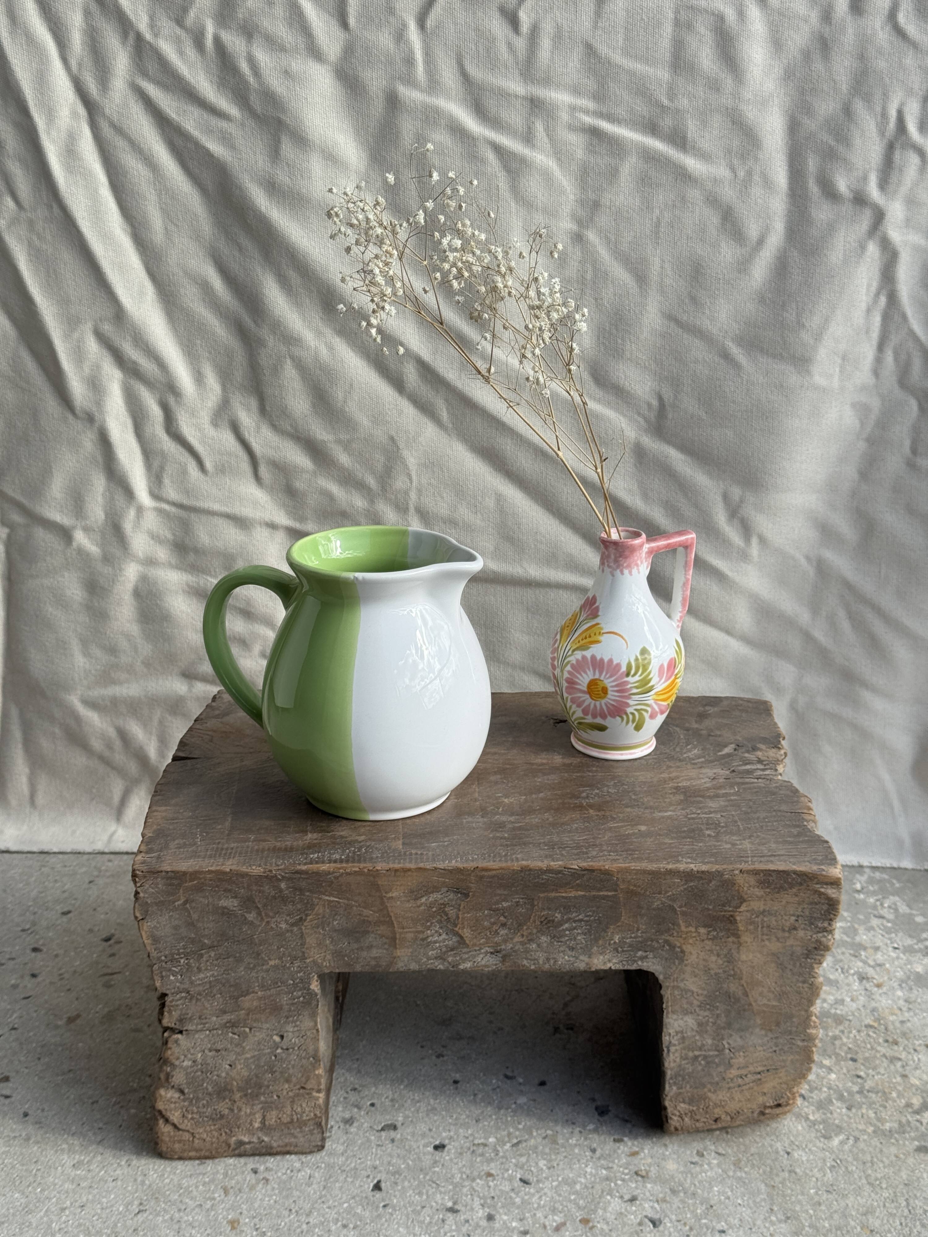 Mini vase with stylised flowers in green and yellow roses, H15.5.