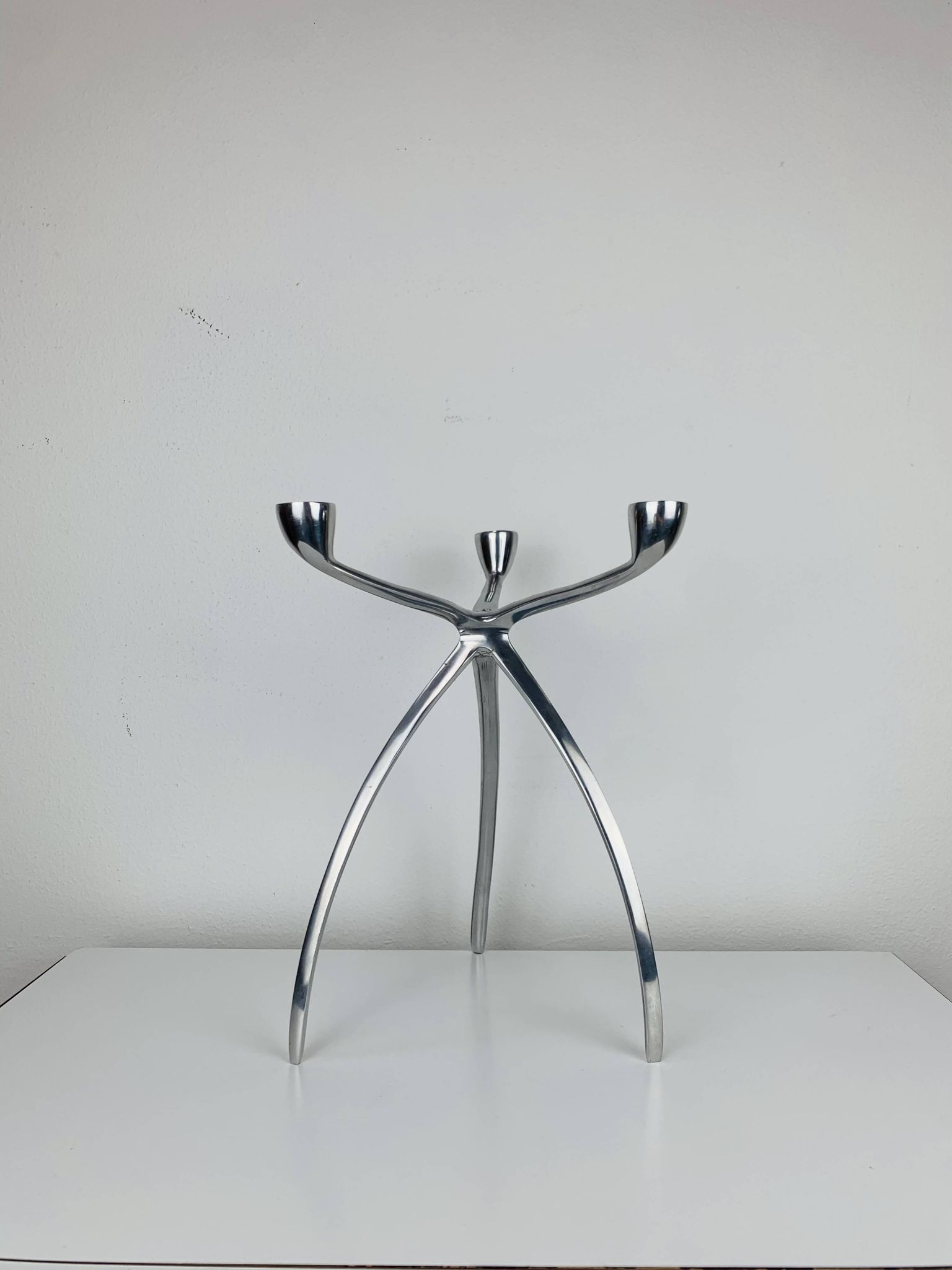 Space Age tripod candle holder by De Bijenkorf in aluminum, 1970s