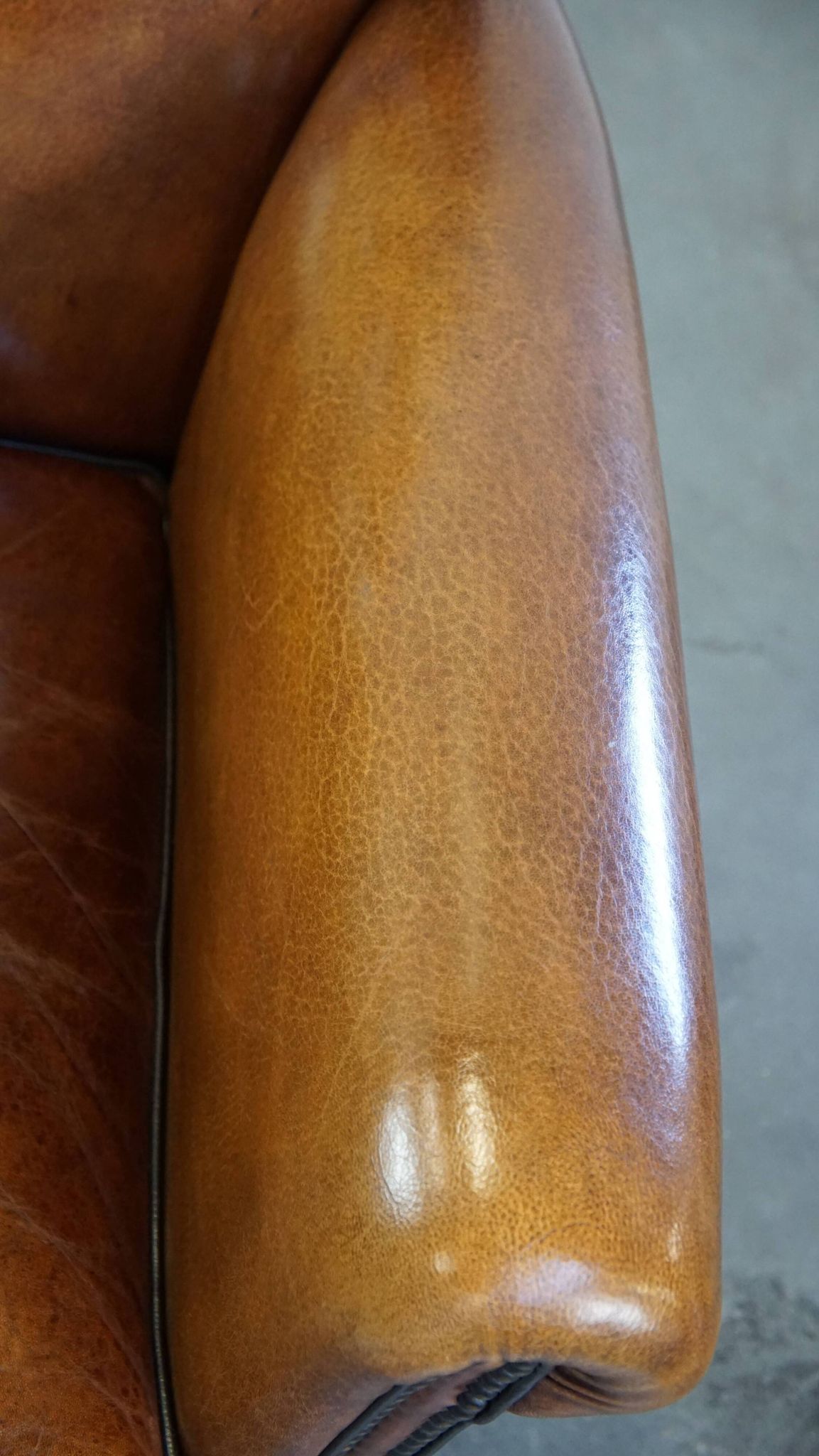 Sheep leather design armchair finished with decorative nails and black piping