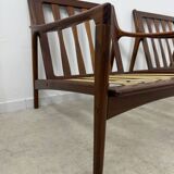 Set of 2 Scandinavian design teak armchairs from the 60s, new blue fabric