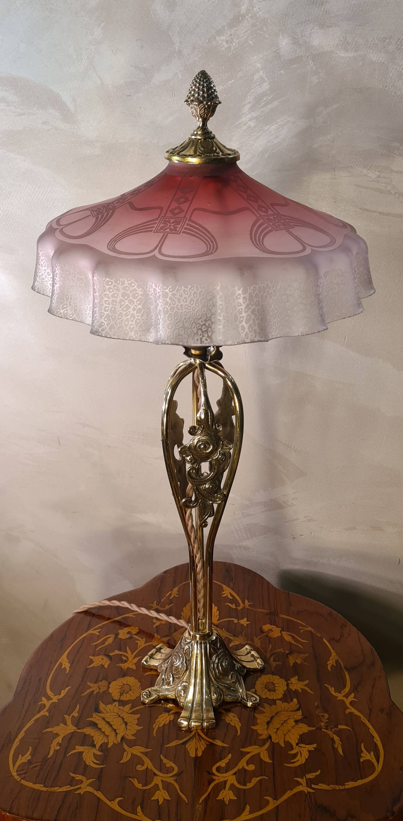 1920 bronze lamp pink tinted glass shade & acid etched art nouveau 63x30